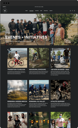 Mutt Society tablet sized website Events + Initiatives listing, like going to Bolivia and Romania