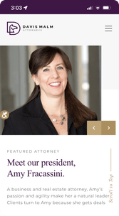 Davis Malm mobile website's page profiling president Amy Fracassini