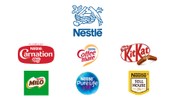 A diagram showing how Nestle's name appears at a reduced size within the logos of the brands in its portfolio. Examples of the logos containing the Nestle brand name include Carnation, Coffeemate, KitKat, Milo, PureLife, and Toll House.