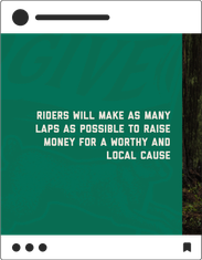 Mutt Society social media post reading "Riders will make as many laps as possible to raise money for a worthy and local cause"