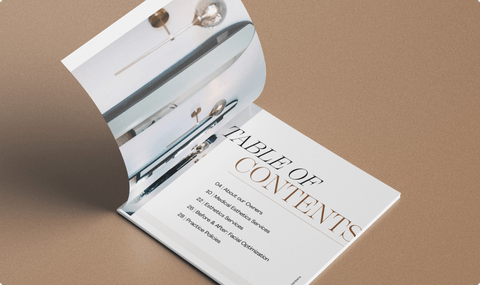 MD Esthetics printed book's "Table of Contents" page