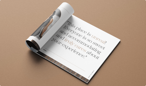 A slightly rolled up presentation of MD Esthetics printed book's "Testimonial" page