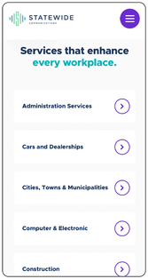Statewide Communication mobile page stating "Services that enhance every workplace"