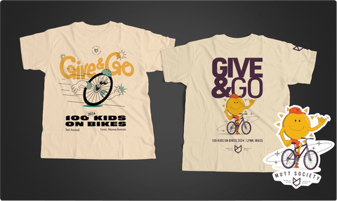 Mutt Society event-specific shirts, this one reading "2024 Give & Go: 100 kids on bikes. 3rd Annual | Lynn MA"