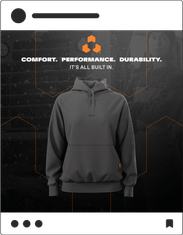 "Comfort. Performance. Durability." Timberland Pro social media posting with sweatshirt on gray
