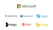 A diagram showing how the Microsoft logo shares a close visual relationship with the brands in its portfolio in structure, typography, and color, but they are not identical. The other brands shown include XBox One, Windows, 10, Skype, MSN, Office, and Bing.