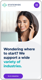 Statewide Communication mobile page reading "Wondering where to start? We support a wide variety of industries"