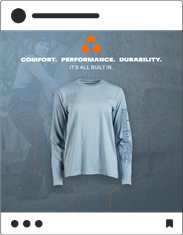 "Comfort. Performance. Durability" Timberland Pro social media post with long sleeve shirt on light blue