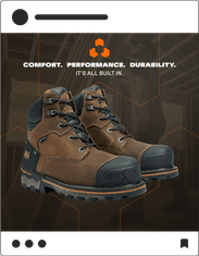 "Comfort. Performance. Durability" Timberland Pro social media post with boots on brown