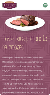 DiLuigi mobile sized website stating "Taste buds prepare to be amazed"