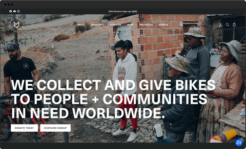 Mutt Society desktop sized website reading "We collect and give bikes to people + communities in need worldwide."